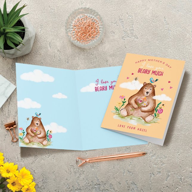 Cartão De Festividades Eu Amo Você Beber Muito Feliz Urso Dia de as mães (I Love You Beary Much Happy Mother's Day Cute Bear Holiday Card)