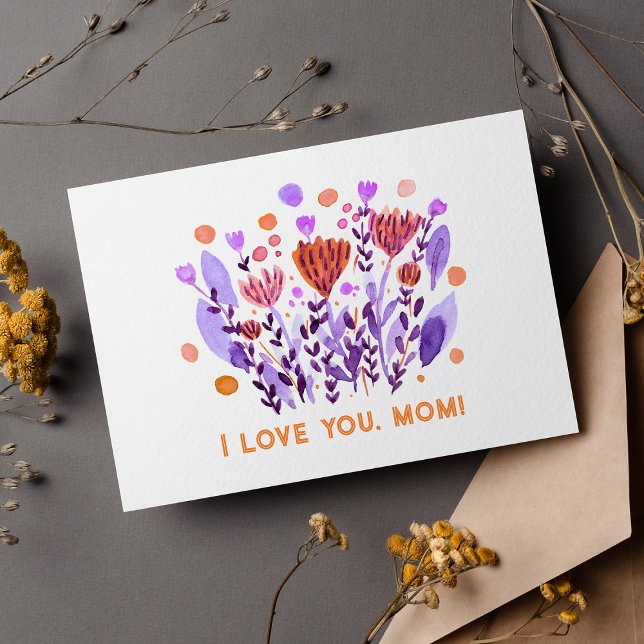 Cartão De Festividades Eu amo você, mamãe Flores fofas de desenho retrô (Criador carregado)