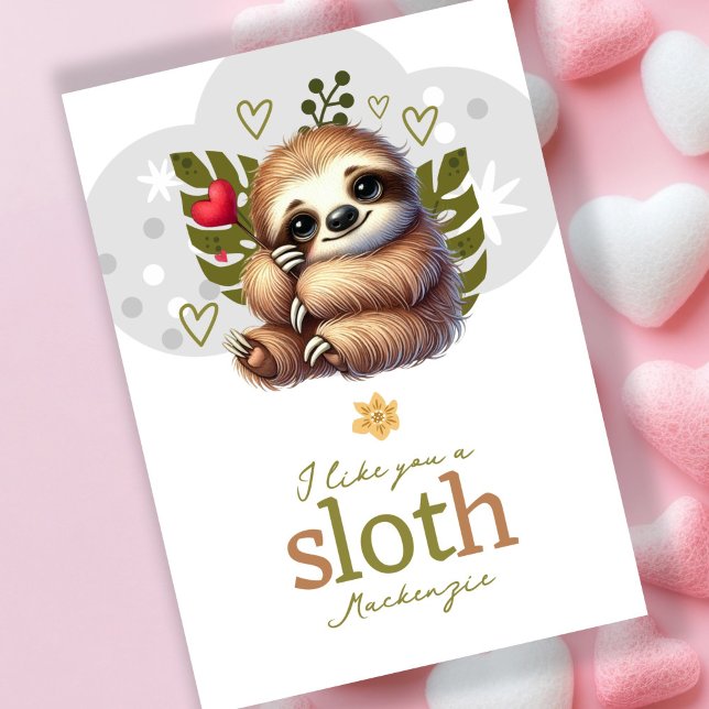 Cartão De Festividades Eu gosto de você, Namorados personalizados (I like you a sloth personalized Valentines Holiday Card by Ricaso. Like you a lot cute sloth cards)