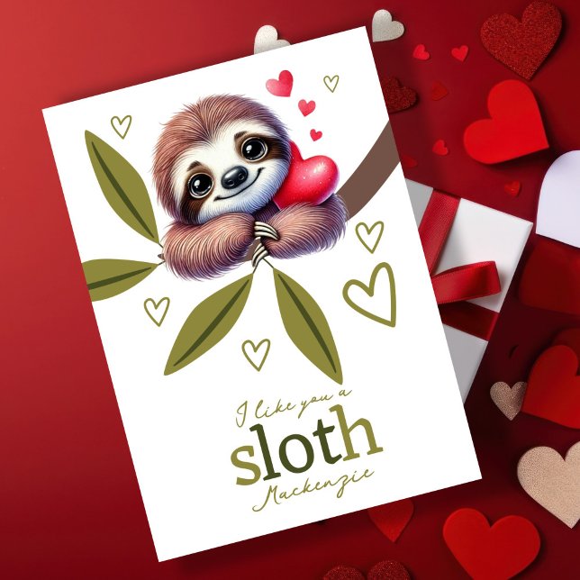 Cartão De Festividades Eu gosto de você, Namorados personalizados (I like you a sloth personalized Valentines Holiday Card by Ricaso. I love you a lot cute sloth card)