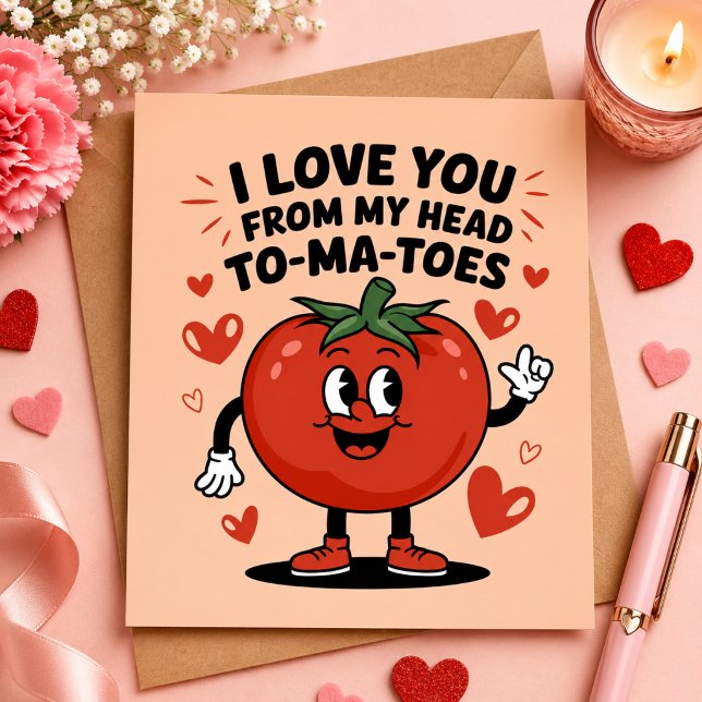 Cartão De Festividades Eu Te Amo dos Meus Tomates Cabeça Tomatinho Fofo (Funny Valentine Card – I Love You From My Head To-Ma-Toes)