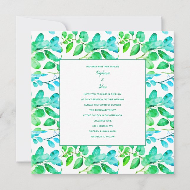 Cartão De Festividades Eucalyptus Leaf Art Green Teal Dusty Casamento Azu (Frente)