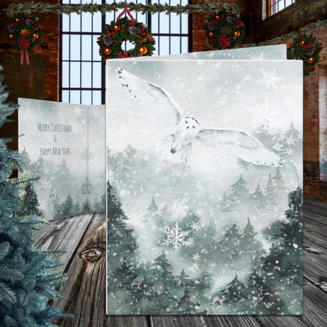 Cartão De Festividades Excelente Branco da Floresta da Floresta da Madeir (Winter Woodland Mountain Forest Great White Owl Christmas Holiday Wraparound Graphics Folded Card)