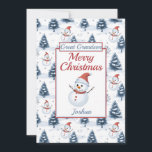Cartão De Festividades Excelente neto Feliz Natal Snowman Flat<br><div class="desc">Um lindo cartão de Natal Flat para neto excelente. O padrão do design apresenta bonitos bonitos bonitos bonitos bonecos vestindo chapéus e lenços vermelhos e neve azul cobertos de árvores, todos em um fundo de neve. Todo o texto pode ser alterado conforme necessário para personalizar - mudar neto excelente para...</div>