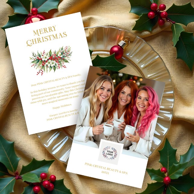 Cartão De Festividades Exquisite Christmas Wreath Red & Gold Photo (Exquisite Christmas Wreath Floral Red & Gold Photo Business Holidays Cards.)