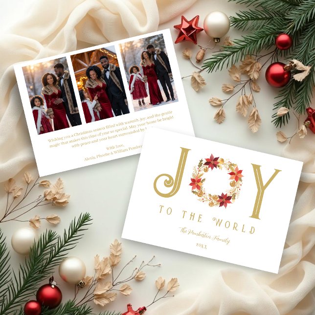 Cartão De Festividades Exquisite Red Tones and Faux Gold Christmas Wreath (Exquisite Red Tones and Faux Gold Christmas Wreath Holiday Cards with Back 3-Photo)