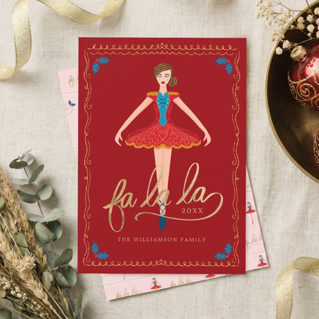 Cartão De Festividades Fa La La Christmas Nutcracker Balé Dancer Red (Fa La La Red Nutcracker Ballet Dancer Christmas Holiday Card)