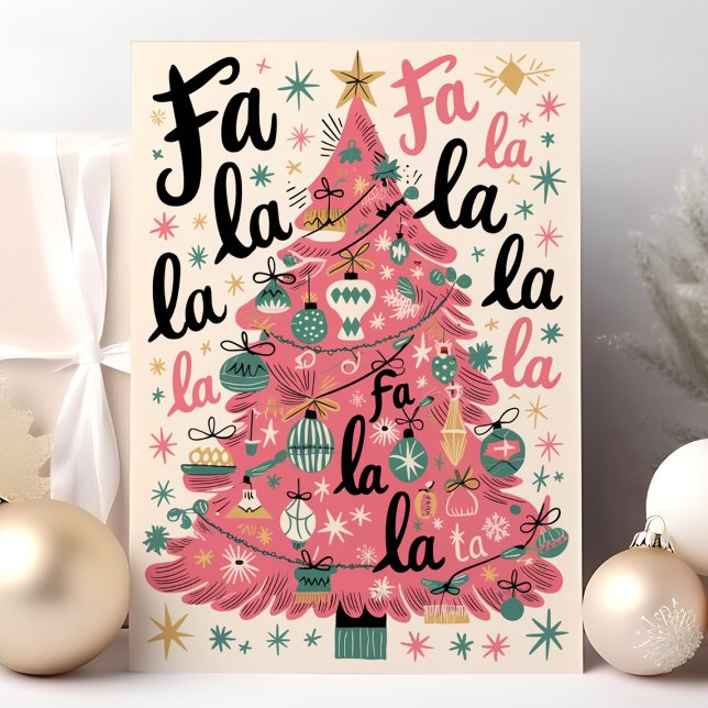 Cartão De Festividades Fa La La La Árvore de Natal Rosa Retro (Criador carregado)