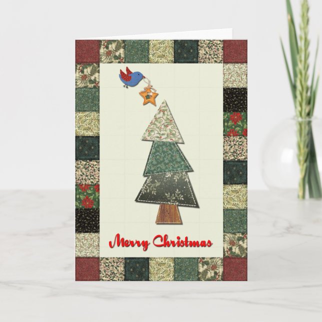 Cartão De Festividades Fabric Christmas Tree and Bird Holiday Card (Frente)