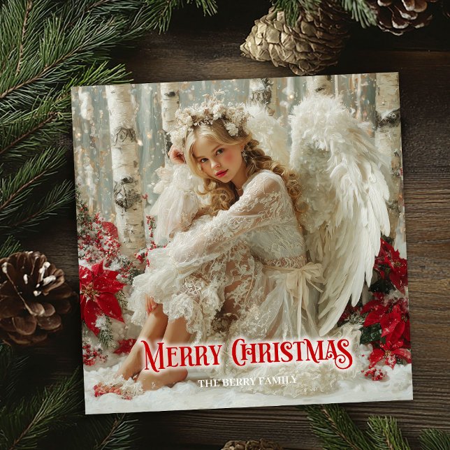 Cartão De Festividades Fairy Christmas angel red poinsettias elegant card (Fairy Christmas angel red poinsettias elegant greeting card

)