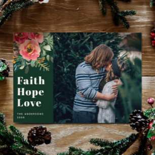 Cartão De Festividades Faith Hope Love   Foto de Natal Religioso Verde