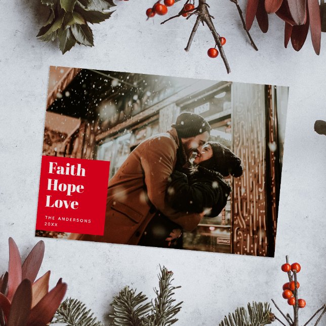 Cartão De Festividades Faith Hope Love. Foto religiosa do Natal Vermelho (Criador carregado)