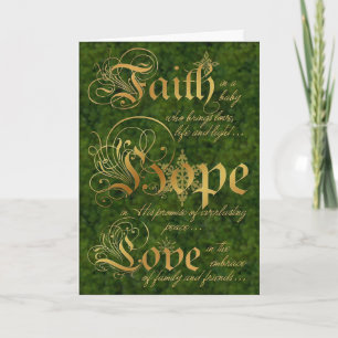Cartão De Festividades Faith, Hope, Love Green and Gold Christmas Card
