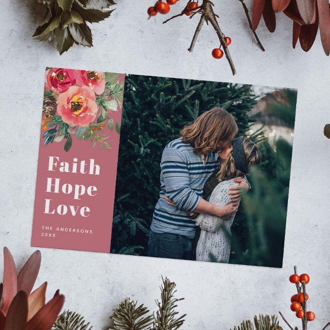 Cartão De Festividades Faith Hope Love Muted Pink Floral Photo Christmas (Criador carregado)