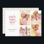 Cartão De Festividades Faith Hope Love Photo Collage Natal<br><div class="desc">Este elegante cartão de Natal apresenta uma colagem de quatro fotos e uma inscrição festiva. A design da tipografia lê "fé, esperança, amor" em letras vermelhas com bonito espirais ligando as letras. Abaixo, adicione sua saudação e seus nomes. Na colagem de fotos à direita, você pode incluir quatro fotos —...</div>