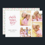 Cartão De Festividades Faith Hope Love Photo Collage Natal<br><div class="desc">Este elegante cartão de Natal apresenta uma colagem de quatro fotos e uma inscrição festiva. A design da tipografia lê "fé, esperança, amor" em letras vermelhas com bonito espirais ligando as letras. Abaixo, adicione sua saudação e seus nomes. Na colagem de fotos à direita, você pode incluir quatro fotos —...</div>