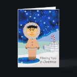 Cartão De Festividades Faltando o no Natal, cena bonito do inverno<br><div class="desc">Faltando o no Natal. Uma paisagem invernal da neve, do gelo, do bastão de doces, do iglu, e do esquimó calorosamente vestido. Ilustração de Digitas em máscaras legal do azul. Deixado alguém que está longe saiba que você estará pensando delas esta época natalícia. Arte, imagem, e estúdios de Shoaff Ballanger...</div>