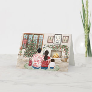 Cartão De Festividades Família Aconchegante de 3 Bebês, Natal Fireside Fa