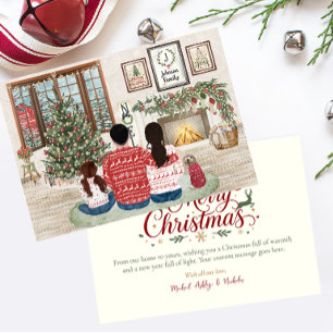 Cartão De Festividades Família Aconchegante de 3 Meninas, Natal Fireside 