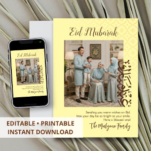 Cartão De Festividades Família Árabe Foto Eid Padrão Amarelo Moderno