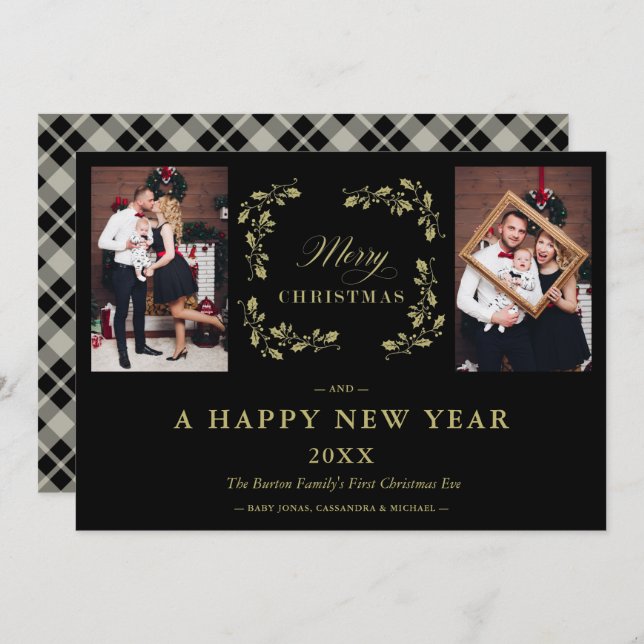 Cartão De Festividades Família Black Trend Elegante Chic Christmas 2 Phot (Frente/Verso)