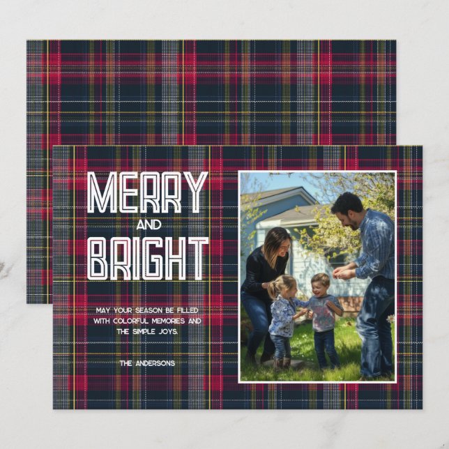 Cartão De Festividades Família com Tartã Personalizada Merry & Bright em  (Frente/Verso)