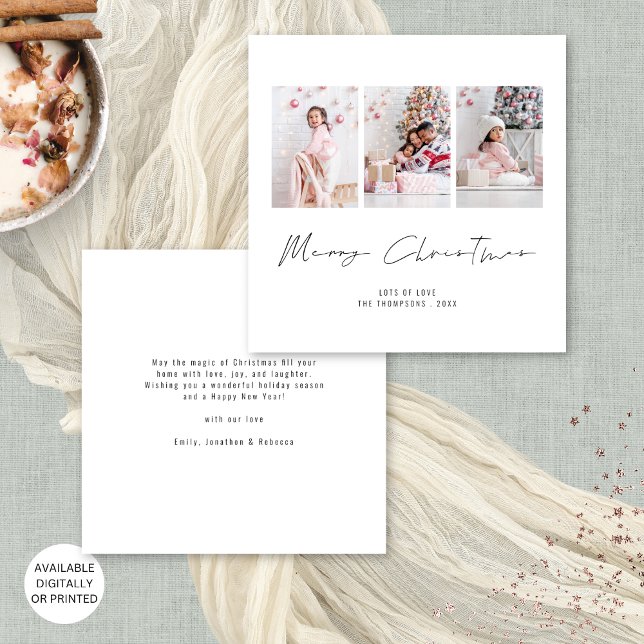 Cartão De Festividades Família Contemporânea 3 Fotos Feliz Natal (Contemporary square alternative available digitally or printed)