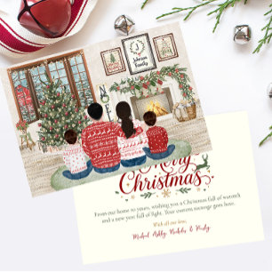 Cartão De Festividades Família de 4 Dois Meninos, Natal Fireside Família