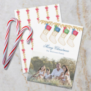 Cartão De Festividades Família de 4 - Meias de Monograma de Aquarela Foto