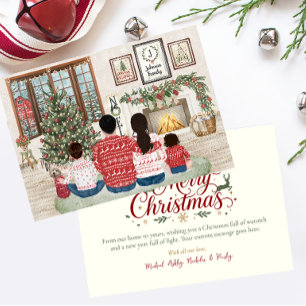 Cartão De Festividades Família de 4 Menino, Natal Fireside Family 