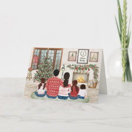 Cartão De Festividades Família de 5 Bebê Duas Meninas, Natal Fireside Fam