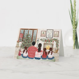 Cartão De Festividades Família de 5 Três Meninas, Natal Fireside Family