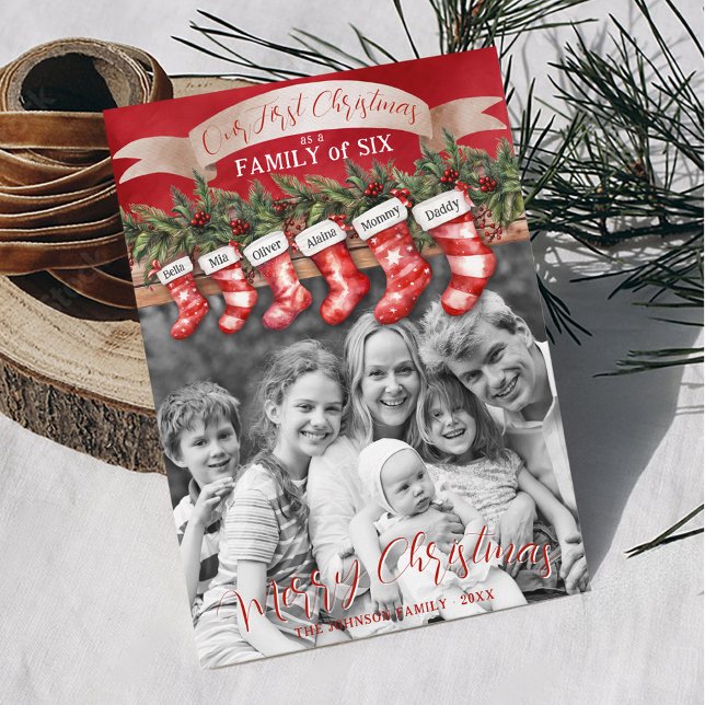 Cartão De Festividades Família de 6 Meias de Natal Foto Bebê Primeiro (Personalized 6 stocking names 1st Christmas as a family of six black and white photo Merry Christmas)