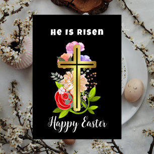 Cartão De Festividades família de felzs pascoa, floral e cruz-cristão