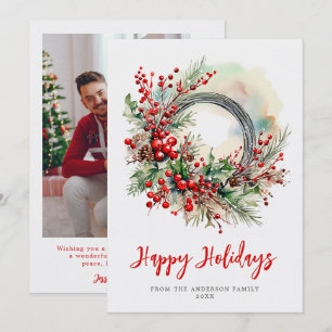 Cartão De Festividades Família de Natal com Frutas de Azevinho em Aquarel