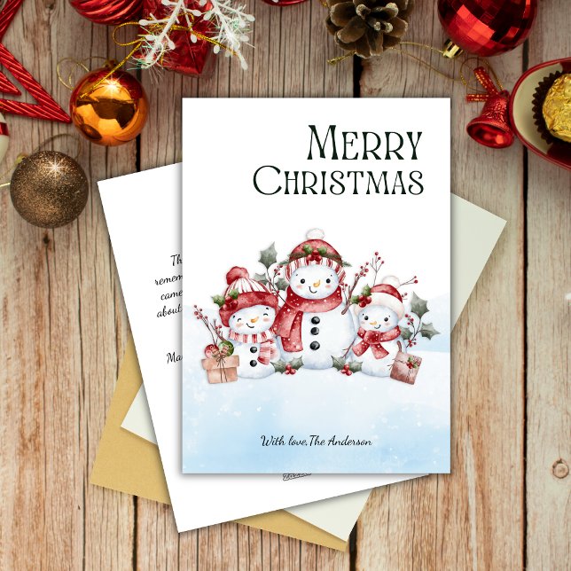 Cartão De Festividades Família de Neve Cute de Aquarela Feliz Natal (Criador carregado)