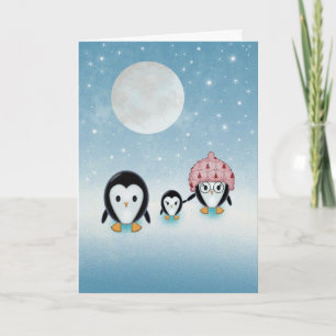 Cartão De Festividades Família de Pinguins Noite Estrelada e Lua Cheia