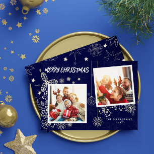 Cartão De Festividades Família de Quadros de Foto Azul 2 Azul Escuro Simp