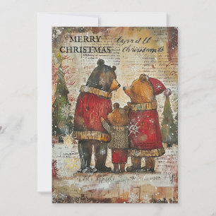 Cartão De Festividades Família de Ursos Vintage Feliz Natal na Neve