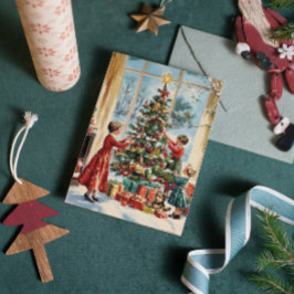 Cartão De Festividades Família Decorando Árvore Vintage Natal Retrô