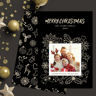 Cartão De Festividades Família Elegante Simples 1 Fotograma Preto e Doura