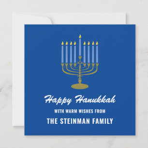 Cartão De Festividades Família Feliz Hanukkah Menorah Branco Azul Dourado