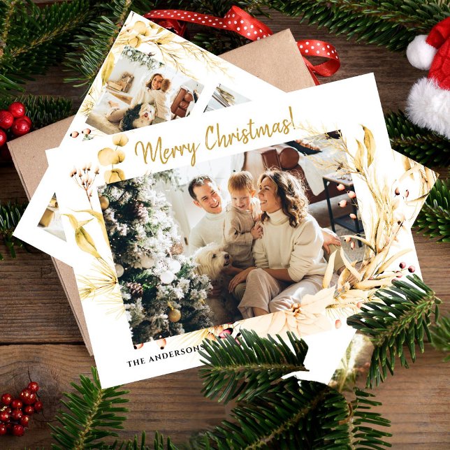 Cartão De Festividades Família Moderna de Fotos de Natal Dourada e Minima (Criador carregado)