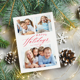 Cartão De Festividades FAMÍLIA MULTI FOTO Feliz Feriados, caligrafia verm