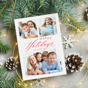 Cartão De Festividades FAMÍLIA MULTI FOTO Feliz Feriados, caligrafia verm