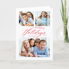 Cartão De Festividades FAMÍLIA MULTI FOTO Feliz Feriados, caligrafia verm