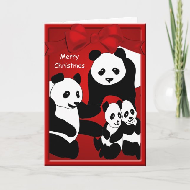 Cartão De Festividades Família Panda Bear Quatro Feliz Saudação de Natal (Frente)