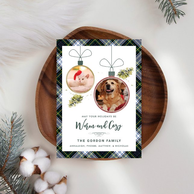 Cartão De Festividades Família Russa de Xadrezes Natal 2 Fotos Pet Tartan (Rustic Plaid 2 Pet Photos Gordon Tartan Christmas Greetings)