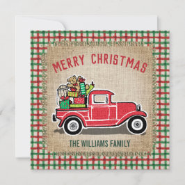 Cartão De Festividades Família Russo Vintage Red Truck Xadrez Burlap