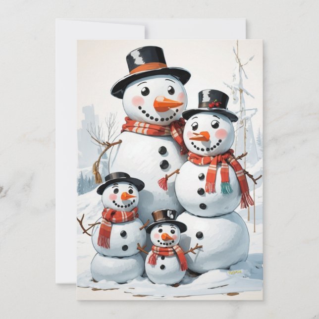 Cartão De Festividades Família Snowman: Saudação de Natal Encantadora (Frente)